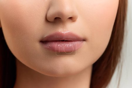 Téléchargez les photos : Cropped image of well-kept female face, nose and lips on grey background. Lip augmentation, moisturizing products. Concept of natural beauty, skin care, cosmetology, cosmetics, health, plastic surgery - en image libre de droit