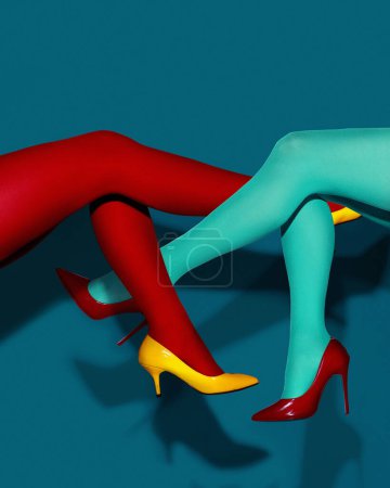 Photo for Contemporary art collage. Female Legs in colorful tights and heeled shoes over dark blue background. Pop art photography. Vivid colors. Concept of creativity, imagination, artwork, lgbt, fun. - Royalty Free Image