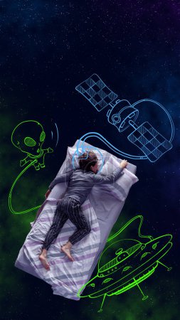 Foto de Creative design with line art. Man lying on bed, sleeping and having dream about aliens, UFO and spacecrafts over starry night background. Fantasy, artwork, creativity, imagination, relaxation. - Imagen libre de derechos