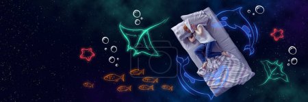 Photo for Creative design with line art. Young girl sleeping and dreaming about marine life, fishes over dark blue background. Concept of fantasy, artwork, creativity, imagination, relaxation. Banner - Royalty Free Image