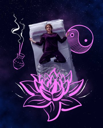 Foto de Creative design with line art. Young girl sleeping in yoga pose, dreaming in positive vibes on starry night background. Concept of fantasy, artwork, creativity, imagination, relaxation, mental health - Imagen libre de derechos