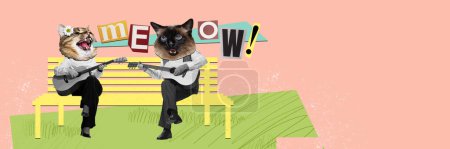 Foto de Contemporary art collage. Creative design. Couple with cats head sitting and singing with guitars. Spring mood. Concept of holiday, womens day, surrealism, hobby, animal theme. Copy space for ad - Imagen libre de derechos