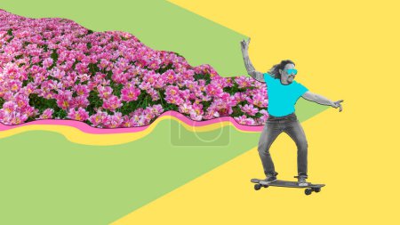 Foto de Man running away with pink flowers on light background. Contemporary art collage or creative design. Inspiration, creativity and fashion concept. Concept of love, holiday, womens day, beauty. Banner - Imagen libre de derechos