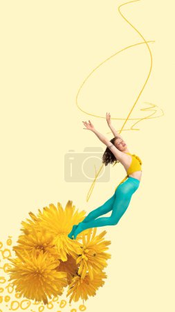 Photo for Happy Spring. Creative colorful design. Modern art collage. Beautiful young woman with flowers. Concept of holiday, womens day, beauty. Copy space, ad. Abstract contemporary portrait of retro woman. - Royalty Free Image