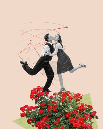 Photo for Creative colorful design. Modern art collage. Stylish young man and woman with floral print dancing over light background. Concept of love, holiday, womens day, beauty. Copy space for ad. Banner - Royalty Free Image