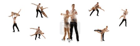 Photo for Collage. Man and woman, professional sportsmen, figure skaters training over white studio background. Duo figure skating activity. Concept of sport, competition, performance, beauty of movements - Royalty Free Image