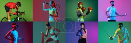 Photo for Collage. Set of studio shots of different people in a jump, training isolated over multicolored background in neon. Concept of sport, challenges, achievements. Fitness, tennis, mma, boxing, fencing - Royalty Free Image