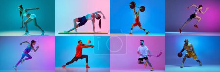 Photo for Collage. Different sportive people, professional athletes training isolated over multicolored background in neon light. Concept of motion, action, active lifestyle, achievements, challenges - Royalty Free Image