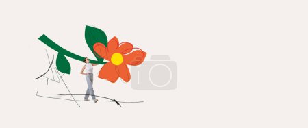 Téléchargez les photos : Creative colorful design. Young happy girl in casual clothes carrying big drawn flower over light background. Concept of holiday, womens day, positive mood, celebration. Banner. Copy space for ad - en image libre de droit