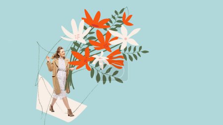 Photo for Creative colorful design. Happy, smiling, stylish young woman walking with beautiful flower bouquet over mint color background. Concept of holiday, womens day, positive mood, celebration - Royalty Free Image