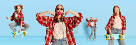 Photo for Collage. Emotional young redhead girl in casual clothes, shirt and jeans posing with skateboard, in headphones over blue background. Concept of youth, hobby, fashion, lifestyle, emotions. Ad - Royalty Free Image