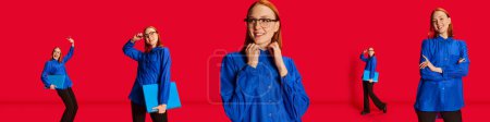Photo for Collage. Cheerful redhead young girl, employee, student in blue shirt posing with laptop over red studio background. Concept of youth, business, fashion, lifestyle, emotions, facial expression. Ad - Royalty Free Image