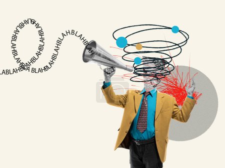 Blah blah blah. Flow of thoughts. Businessman in a suit shouting in megaphone. Modern design, contemporary art collage. Inspiration, idea, trendy urban magazine style. Copy space for ad, text