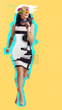 Foto de Contemporary art collage. Creative design. C Combination of slim woman, guitar on body and blooming flowers. Concept of surrealism, imagination, creativity, modern artwork, abstract - Imagen libre de derechos