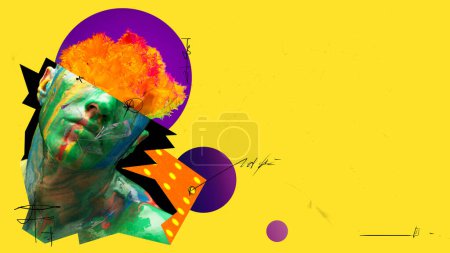 Téléchargez les photos : Contemporary art collage. Creative design. Body art. Cropped mans face in paint with blooming flowers inside head over yellow background. Concept of surrealism, imagination, creativity, ,abstract - en image libre de droit