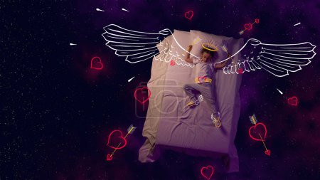 Photo for Creative design with line art over space background. Little boy, child sleeping and dreaming about being cupid. Love angel. Fantasy, childhood, artwork, creativity, imagination, relaxation concept - Royalty Free Image