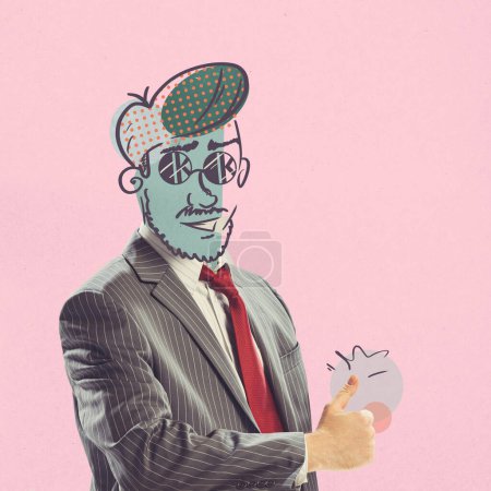Photo for Contemporary art. Creative design. Businessman with doodle face showing positive gesture with finger over pink background. Success and improvement. Concept of surrealism, creativity, magazine style - Royalty Free Image