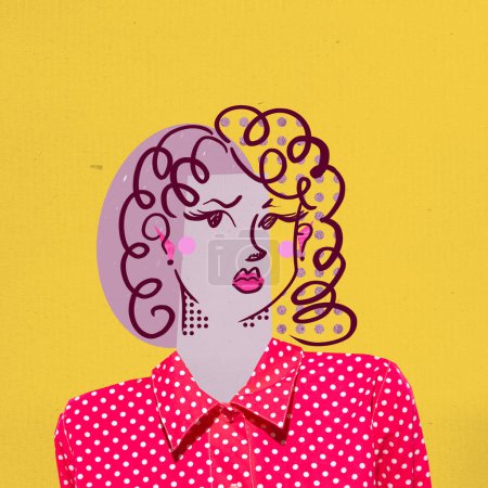 Téléchargez les photos : Contemporary art collage. Creative design. Beautiful drwan face of woman with curly hair in bright pink shirt over yellow background. Doodle art. Concept of surrealism, creativity, magazine style - en image libre de droit