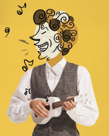 Photo for Contemporary art collage. Creative design. Man in vest with doodle joyful face playing small guitar over yellow background. Music lifestyle. Concept of surrealism, creativity, magazine style - Royalty Free Image