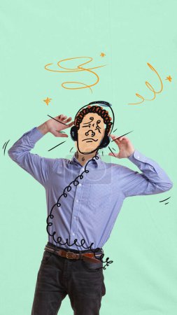 Photo for Contemporary art collage. Creative design. Young man with drawn doodle face listening to music in headphones on green background. Positive. Concept of surrealism, creativity, magazine style - Royalty Free Image