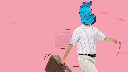 Foto de Contemporary art collage. Creative design. Man with drawn face lively walking forward with vintage briefcase. Business, occupation. Concept of surrealism, creativity, magazine style - Imagen libre de derechos