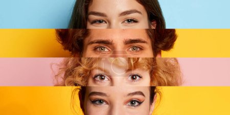 Téléchargez les photos : Collage. Eyes of different people, man and women placed on narrow stripes over multicolored background. Attentive emotive look. Concept of emotions, facial expression, lifestyle, youth - en image libre de droit