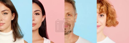 Foto de Collage. Cropped half-face portraits of different people, man and young women looking in camera over multicolored background. Concept of emotions, facial expression, lifestyle, diversity - Imagen libre de derechos