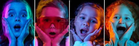 Photo for Collage. Portraits of emotional little kids, girls with shocked amazed faces posing over dark background in neon lights. Concept of emotions, facial expression, childhood, sales, game - Royalty Free Image