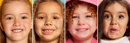 Photo for Collage. Close-up portrait of cute little girls, children smiling, showing positive happy emotions. Delightful and excited. Playful kids. Concept of emotions, facial expression, childhood, imagination - Royalty Free Image