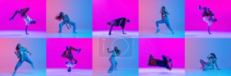 Téléchargez les photos : Collage. Dynamic studio shots of young sportive, flexible, artistic boy and girl performing, dancing hip-hop on gradient pink blue background in neon. Youth culture, hip-hop, movement, action concept - en image libre de droit