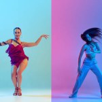 Collage. Tango and hip-hop aesthetics. Young artistic women dancing, performing over multicolored background in neon light. Concept of lifestyle, hobby, action, motion, art, fashion