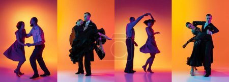 Téléchargez les photos : Ensemble avec des images d'hommes et de femmes élégants dansant en vêtements lumineux sur fond coloré à la salle de danse dans la lumière au néon. Art, danc, hip-hop, rétro, style vintage et mode. Collage, affiche pour la publicité - en image libre de droit