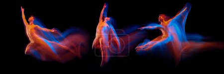 Foto de Development of movements of one handsome muscular male ballet dancer dancing on dark background in mixed neon light. Concept of art, beauty, aspiration, creativity. Action and motion - Imagen libre de derechos