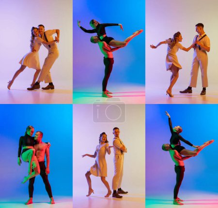 Téléchargez les photos : Collage. Combination of modern and classic dance styles. People dancing boogie woogie and contemp, experimental dance over multicolored background in neon. Concept of lifestyle, action, motion, art - en image libre de droit