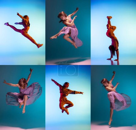 Téléchargez les photos : Collage. Young flexible artistic girls dancing ballet and contemporary, experimental dance over blue and cyan background in neon light. Concept of lifestyle, hobby, action, motion, art, fashion - en image libre de droit