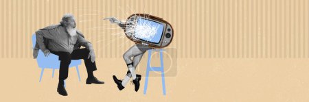Foto de Contemporary art collage. Creative design. Senior man emotionally watching retro TV standing on male legs. Impressive news. Concept of surrealism, creativity, retro style, imagination. Banner - Imagen libre de derechos