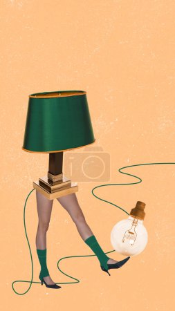 Foto de Contemporary art collage. Creative design. Vintage lamp standing on slim female legs on heels over peach background. Coziness and comfort. Concept of surrealism, creativity, retro style, imagination - Imagen libre de derechos