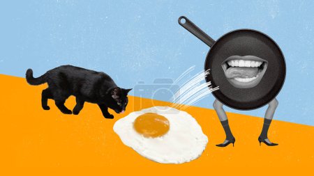 Foto de Contemporary art collage. Creative design. Morning, breakfast. Frying pan dancing on human legs, making eggs, cat eating. Concept of surrealism, creativity, retro style, imagination - Imagen libre de derechos