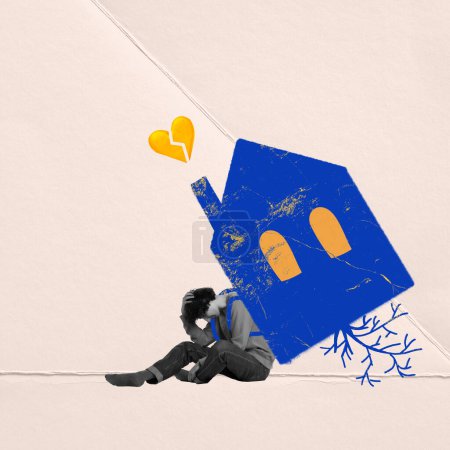 Photo for Conceptual design. Broken heart. Young sad man sitting with house behind his back symbolizing escaping from hometown. Moving away. Concept of social conditions, migration, immigration, refugee help - Royalty Free Image