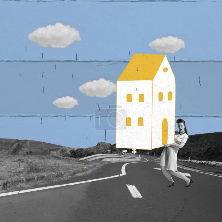 Photo for Conceptual design. Young girl carrying house on road,. moving to another place. Life changes, travelling, new home. Concept of social conditions, migration, immigration, refugee help. Freelance - Royalty Free Image
