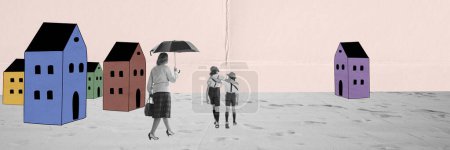 Photo for Conceptual design. Senior woman with grandsons changing houses, moving to another place. Escaping war in Ukraine. Concept of social conditions, migration, immigration, refugee help - Royalty Free Image