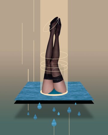 Foto de Contemporary artwork. Creative surreal design. Female legs in black tights and heels sticking out flat geometric figure. Concept of imagination, surreal art, inspiration, abstraction. Magazine style - Imagen libre de derechos