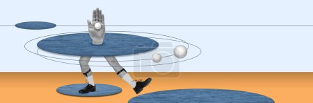 Foto de Contemporary art collage. Creative surreal design. Male legs dancing with abstract flat sphere. Force of gravity. Concept of imagination, surreal art, inspiration, abstraction. Magazine style - Imagen libre de derechos