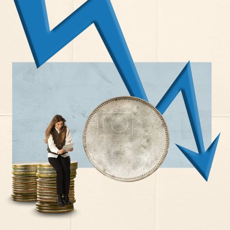 Photo for Contemporary art collage. Conceptual design. Financial crisis. Girl sitting on coins, looking on tablet, making financial analytics. Arrow going down. Concept of money, business, trade market - Royalty Free Image