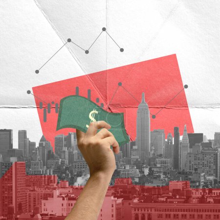 Photo for Contemporary art collage. Conceptual design. Human hand holding paper money over big city view. International business. Concept of financial market, money, business, trade market, strategy - Royalty Free Image