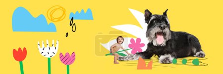 Foto de Creative contemporary art collage. Little kid, toddler playing fit calm dog on yellow background. Summertime mood. Concept of childhood, emotions, happiness, pets, domestic animals, dreams - Imagen libre de derechos