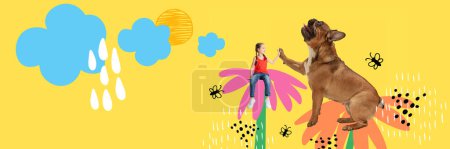 Foto de Creative contemporary art collage. High five. Little girl, child sitting on flower, playing with cute dog on summer drawn background. Concept of childhood, emotions, happiness, pets, domestic animals - Imagen libre de derechos