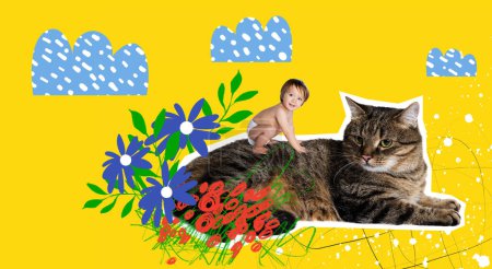 Foto de Creative contemporary art collage. Cute little boy, toddler in diaper sitting on calm cat and playing over drawn summer background. Concept of childhood, emotions, happiness, pets, domestic animals - Imagen libre de derechos