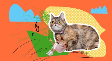 Foto de Creative contemporary art collage. Smiling redhead girl, child sitting near domestic cat and playing over orange background. Concept of childhood, emotions, happiness, pets, domestic animals - Imagen libre de derechos