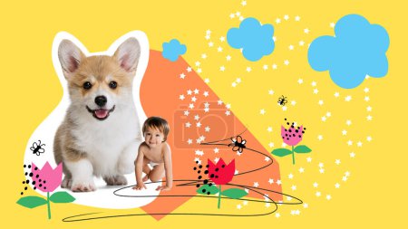 Foto de Creative contemporary art collage. Cute smiling boy, toddler in diaper crawling with small corgi puppy over yellow background. Concept of childhood, emotions, happiness, pets, domestic animals - Imagen libre de derechos